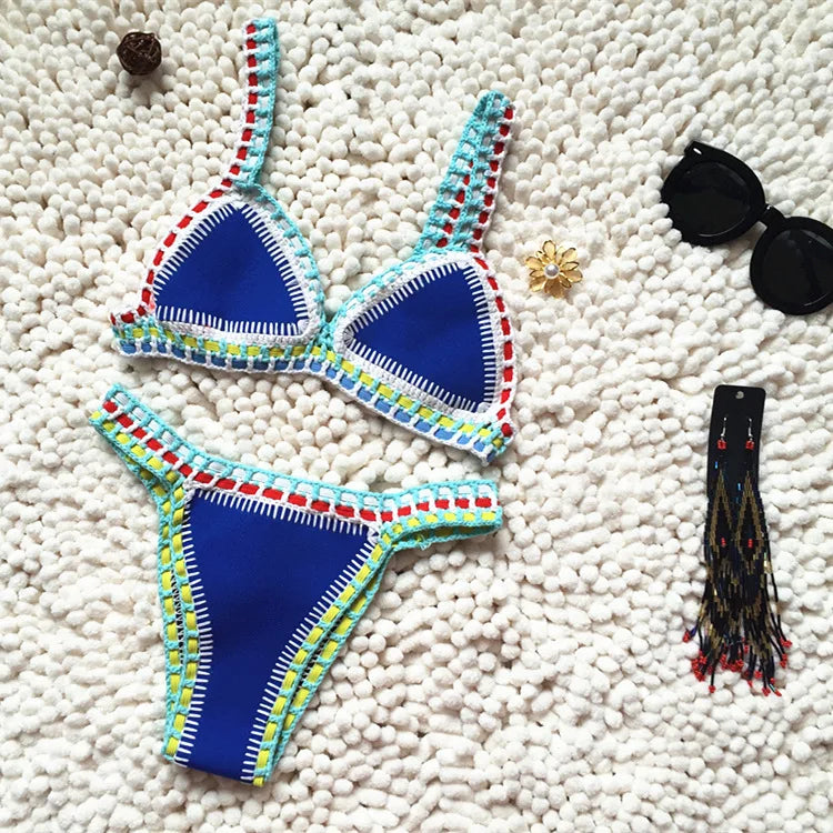 Novessa kadın el yapımı tığ işi bikini takımı mavi renk