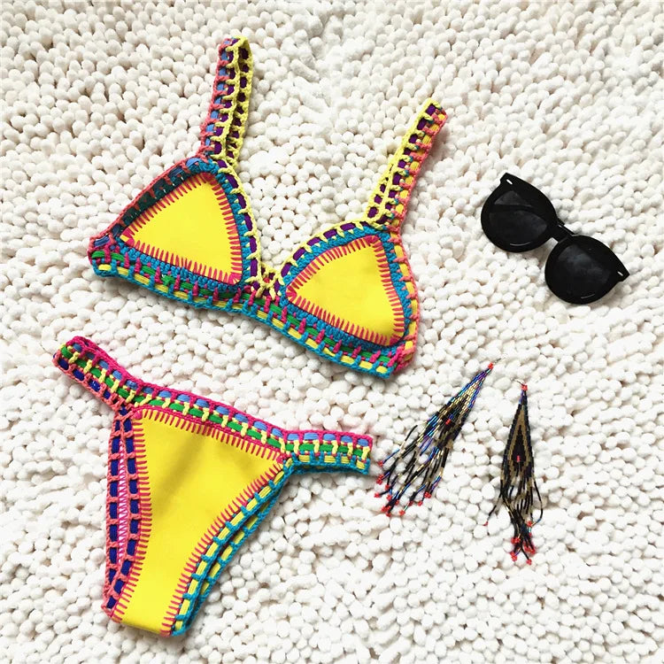 Novessa kadın el yapımı tığ işi bikini takımı sarı model detay görünümü
