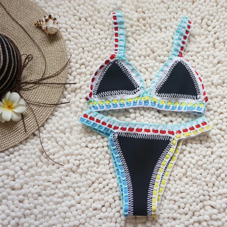 Novessa kadın el yapımı tığ işi bikini takımı siyah yeşil ikinci model