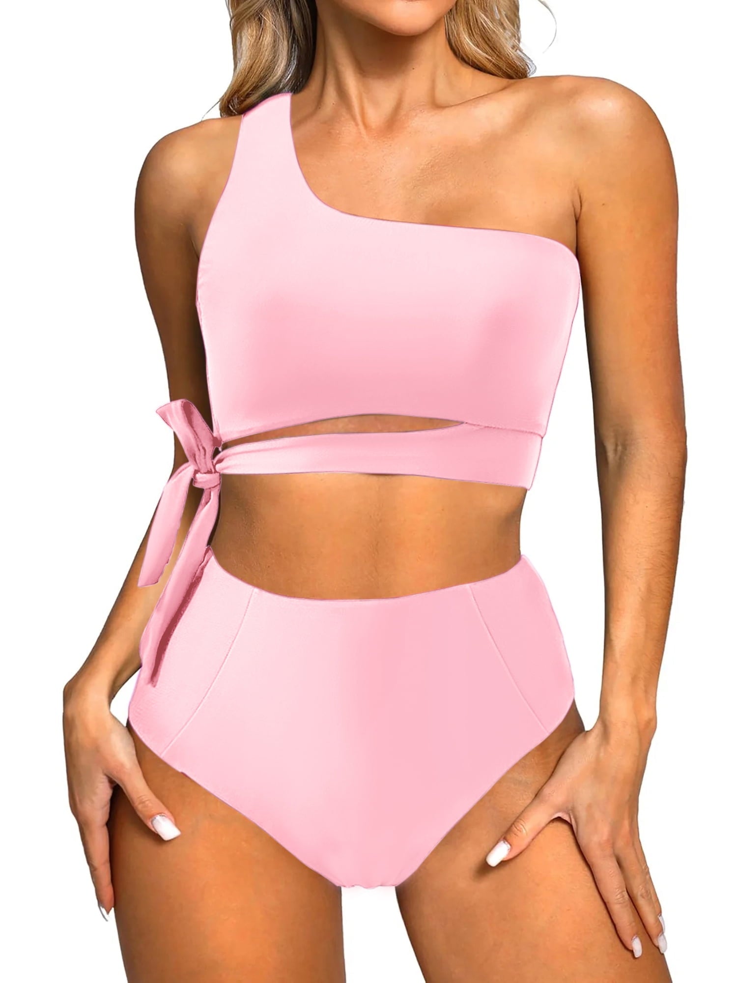 Novessa kadın tek omuzlu yüksek bel bikini takımı pembe renk