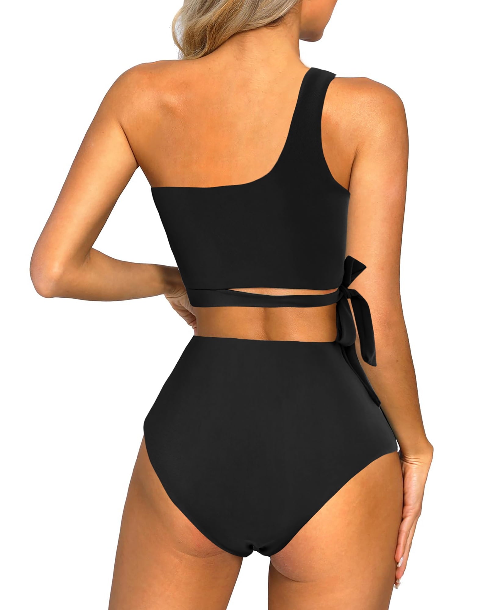 Novessa kadın tek omuzlu yüksek bel bikini takımı siyah renk arka görünüm