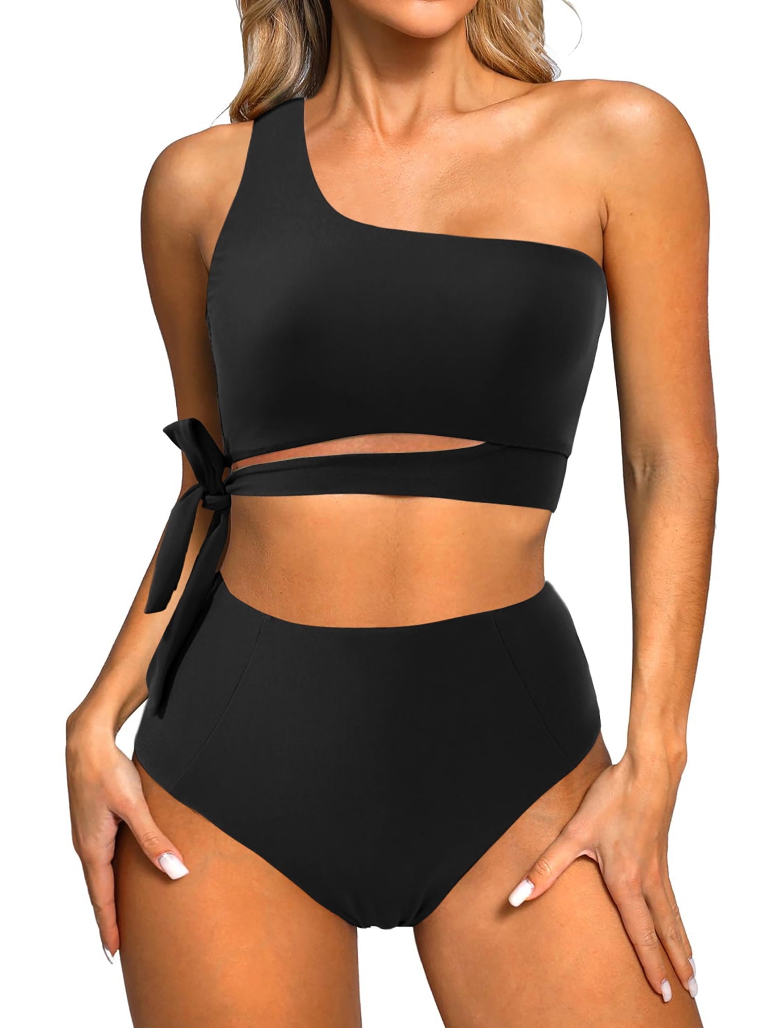Novessa kadın tek omuzlu yüksek bel bikini takımı siyah renk önden görünüm